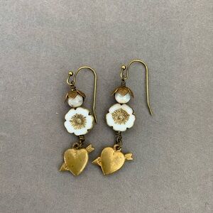 Antiqued Gold and White Czech flower Heart Drop Earrings Boho